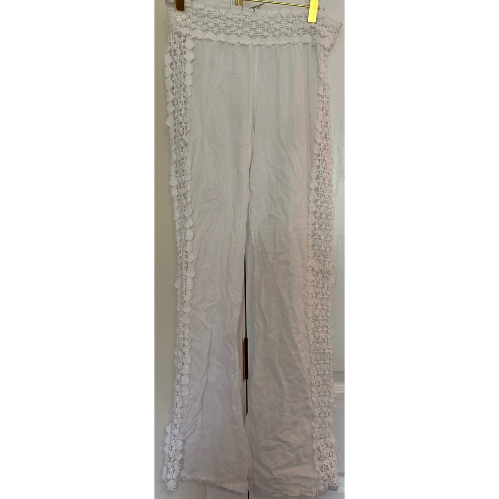 Cute Options Womens White Cotton Crochet Lace Trim Wide Leg Beach Pants Small